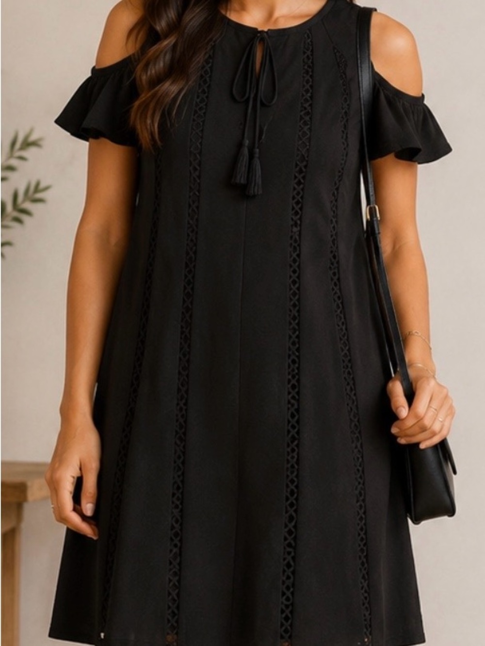 Kensie Black Cold-Shoulder Dress with Tassel Tie